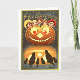 Cats Watching Kids and Pumpkin VIntage Halloween ( Card