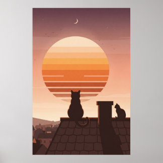 Cats Watching Retro Sunset Over Rooftops Poster