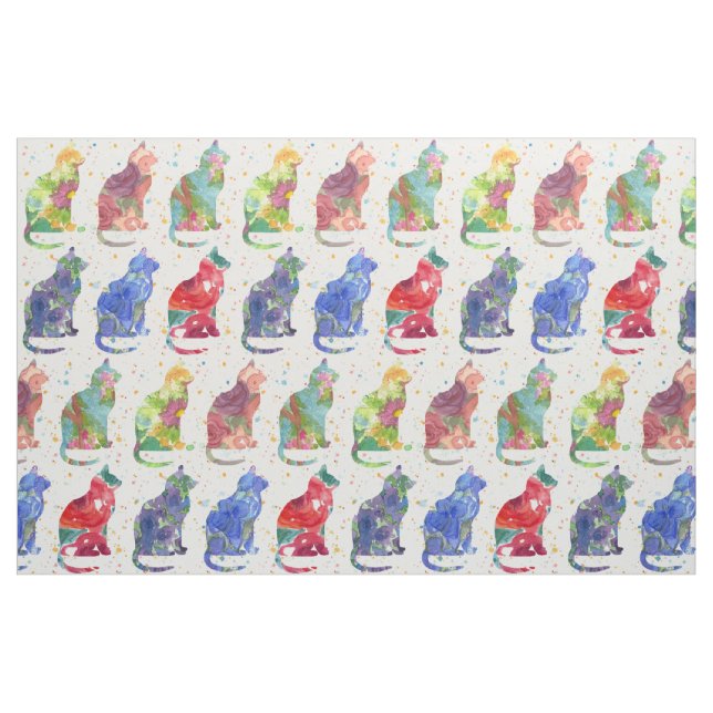 Cats Watercolor Flowers Spots Fabric (Fat Quarter)