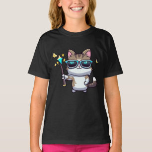 Cats Wearing Glasses Holding Magic Wand Stars  T-Shirt