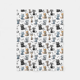 Cats With Grumpy Faces and Paw Prints Pattern Fleece Blanket
