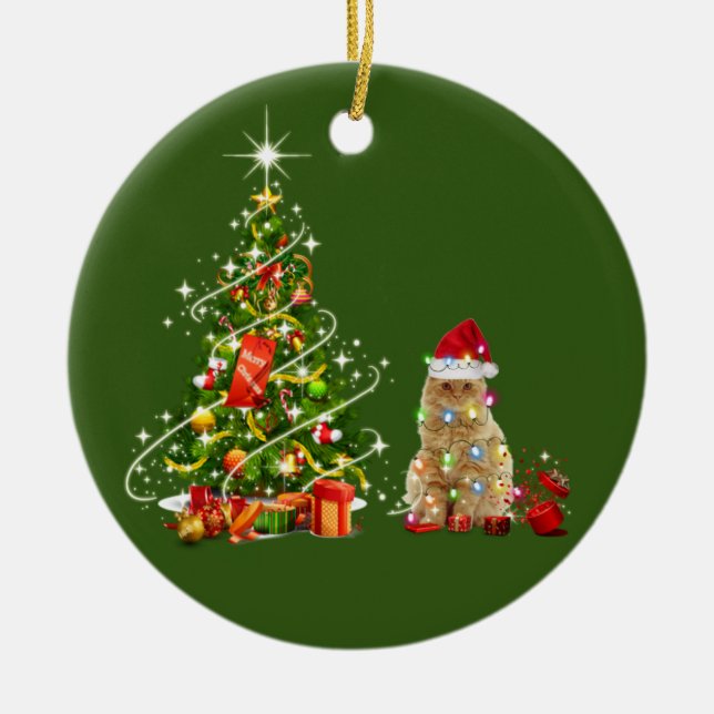 Cats With Hat Scaft Christmas Ceramic Tree Decoration (Front)