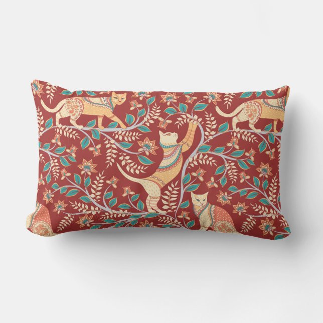Cats with ornaments,branches with flowers and leav lumbar cushion (Front)