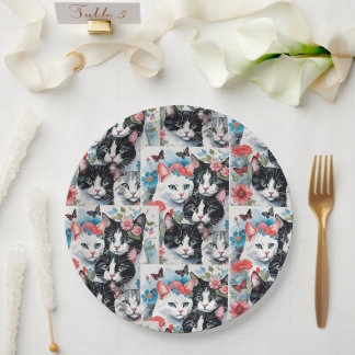 Cats with Pink Flowers and Butterflies Paper Plate