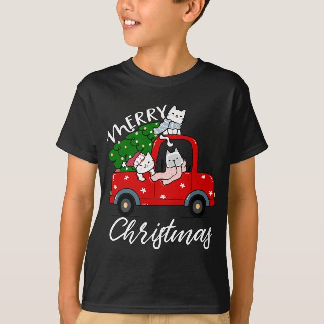 Cats xmas Tree on Red Truck Cat Christmas tree T-Shirt (Front)