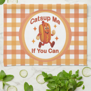 Catsup Me If You Can Funny Hot Dog – Ketchup Pun Tea Towel