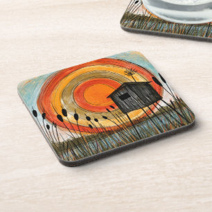 Cattail Sunset Marsh Stilt Cabin Coaster