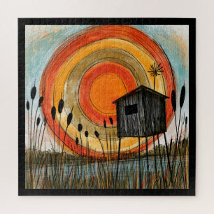 Cattail Sunset Marsh Stilt Cabin Jigsaw Puzzle