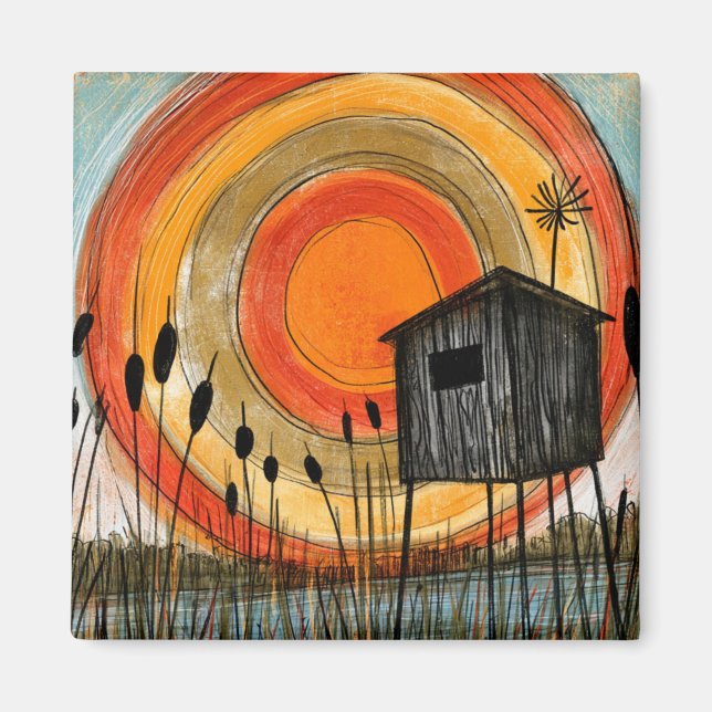 Cattail Sunset Marsh Stilt Cabin Magnet (Front)