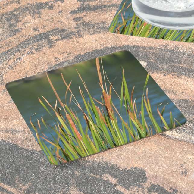 Cattails on the Waterfront Photographic Lake Square Paper Coaster (Creator Uploaded)