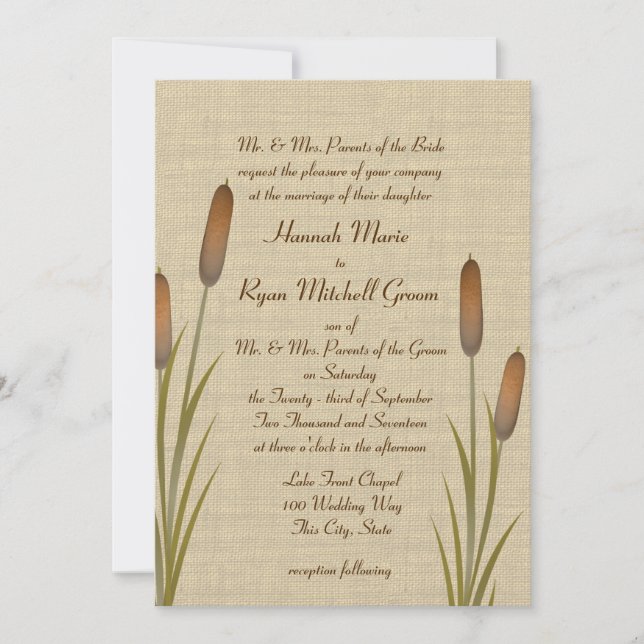 Cattails Rustic Lake Wedding Invitation (Front)