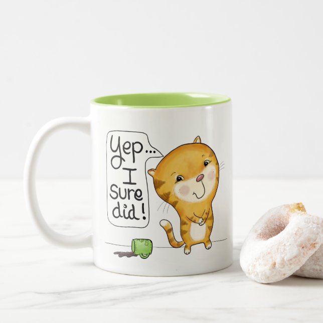 Cattitude- Cat Spills Coffee Two-Tone Coffee Mug (With Donut)