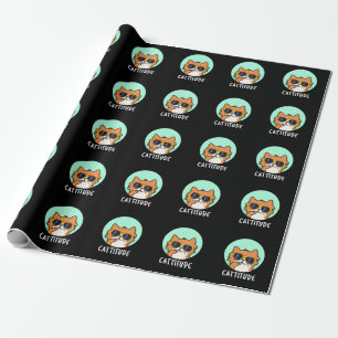 Cattitude Funny Cat Pun Dark BG Wrapping Paper