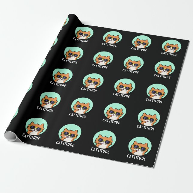 Cattitude Funny Cat Pun Dark BG Wrapping Paper (Unrolled)