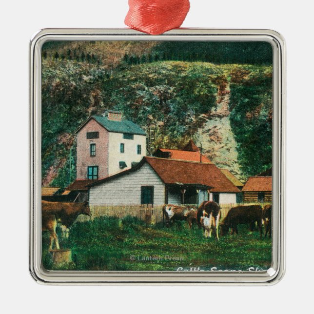 Cattle Amongst Barns SceneSkagway, AK Metal Tree Decoration (Front)