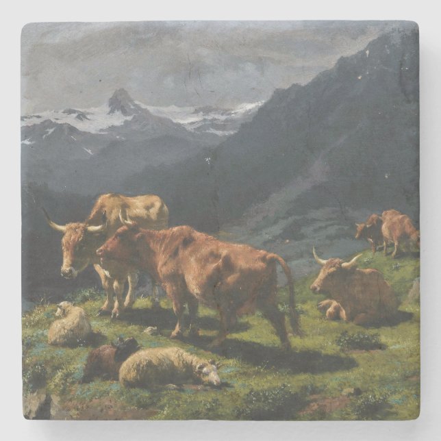 Cattle and Sheep in an Alpine Landscape Stone Coaster (Front)