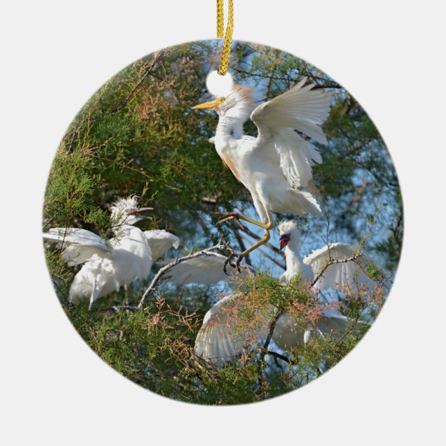 Cattle birds egrets in tree ceramic tree decoration (Front)