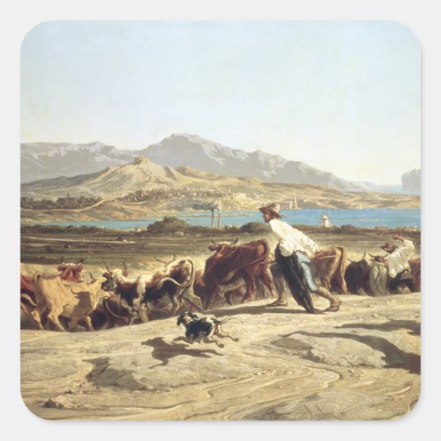 Cattle herding near Marseilles, 1853 (oil on canva Square Sticker (Front)