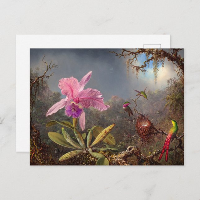 Cattleya Orchid and Three Hummingbirds by Heade Invitation Postcard (Front/Back)