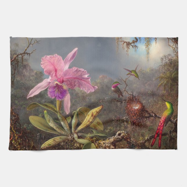 Cattleya Orchid and Three Hummingbirds by Heade Tea Towel (Horizontal)