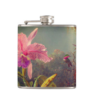 Cattleya Orchid and Three Hummingbirds Heade Hip Flask