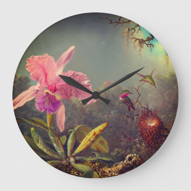 Cattleya Orchid and Three Hummingbirds Heade Large Clock (Front)