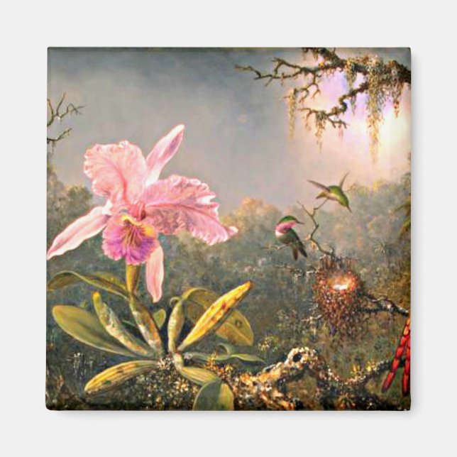 Cattleya Orchid and Three Hummingbirds Magnet (Front)