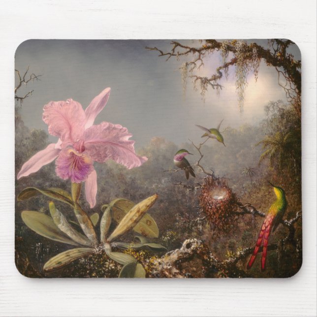 Cattleya Orchid and Three Hummingbirds Mouse Pad (Front)