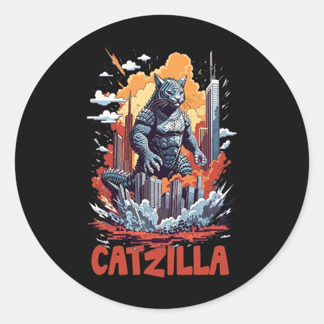 Catzilla Cat City Skyline Funny  Classic Round Sticker (Front)