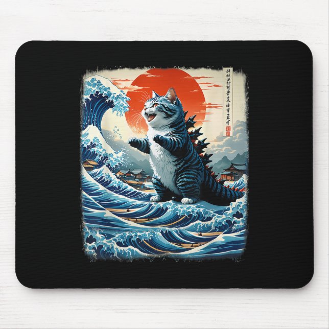 Catzilla Cat Japanese Art Funny Cat Adventure 0hok Mouse Pad (Front)