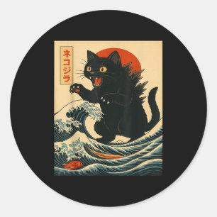 Catzilla Cat Japanese Art Funny Cat For Men Women  Classic Round Sticker