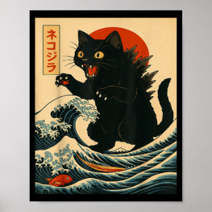 Catzilla Cat Japanese Art Funny Cat For Men Women Poster