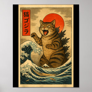 Catzilla Cat Japanese Art Funny Cat For Men Women Poster