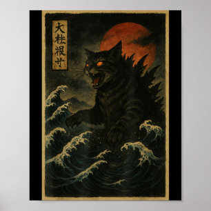 Catzilla Cat Japanese Art Funny Cat For Men Women Poster