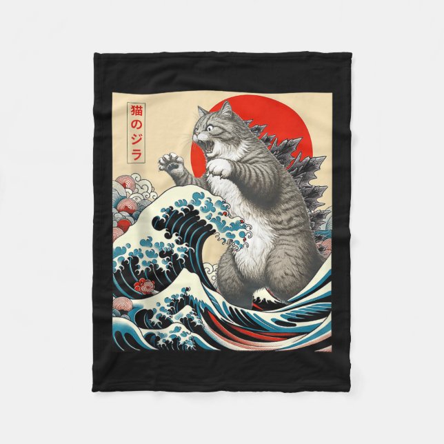 Catzilla Cat Japanese Art Funny Cat Gifts For Men  Fleece Blanket (Front)
