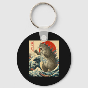 Catzilla Cat Japanese Art Funny Cat Gifts For Men  Key Ring
