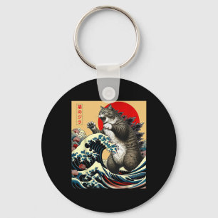 Catzilla Cat Japanese Art Funny Cat Gifts For Men Key Ring