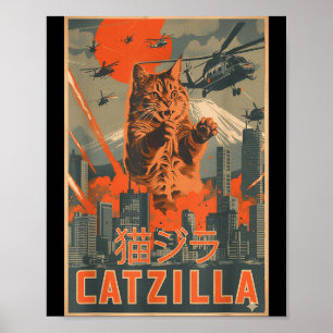 Catzilla Cat Japanese Art Funny Cat Gifts For Men Poster