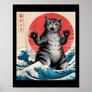 Catzilla Cat Japanese Art Funny Cat Gifts For Men Poster