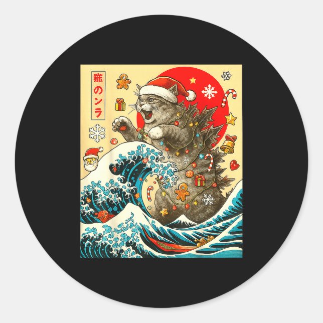 Catzilla Cat Japanese Art Funny Xmas For Men Women Classic Round Sticker (Front)