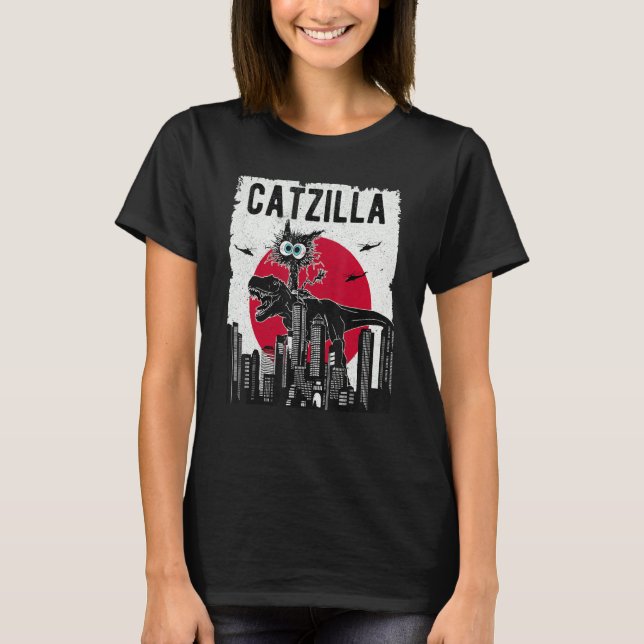 Catzilla Funny Retro Cat Kitten Riding T.Rex Lover T-Shirt (Front)