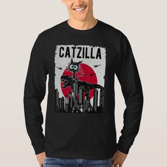 Catzilla Funny Retro Cat Kitten Riding T.Rex Lover T-Shirt (Front)