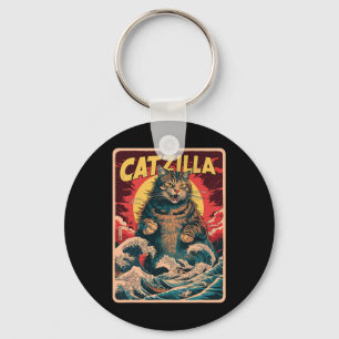 Catzilla Japanese Art Funny Cat Vintage Graphic  Key Ring