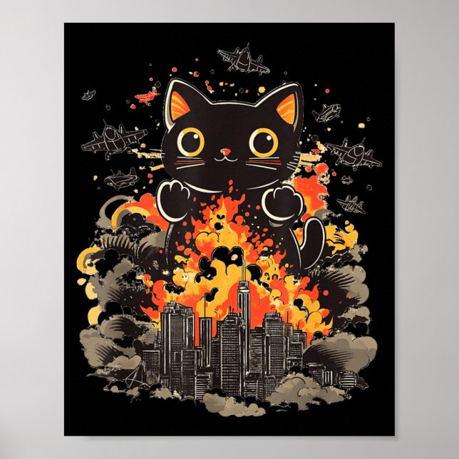 Catzilla Japanese Sunset Funny Japan Cat Poster (Front)