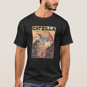 Catzilla Vintage Funny Cute Cat Art Japanese Sunse T-Shirt