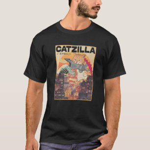 Catzilla Vintage Funny Cute Cat Art Japanese Sunse T-Shirt