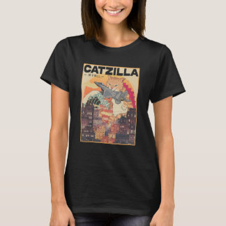 Catzilla Vintage Funny Cute Cat Art Japanese Sunse T-Shirt