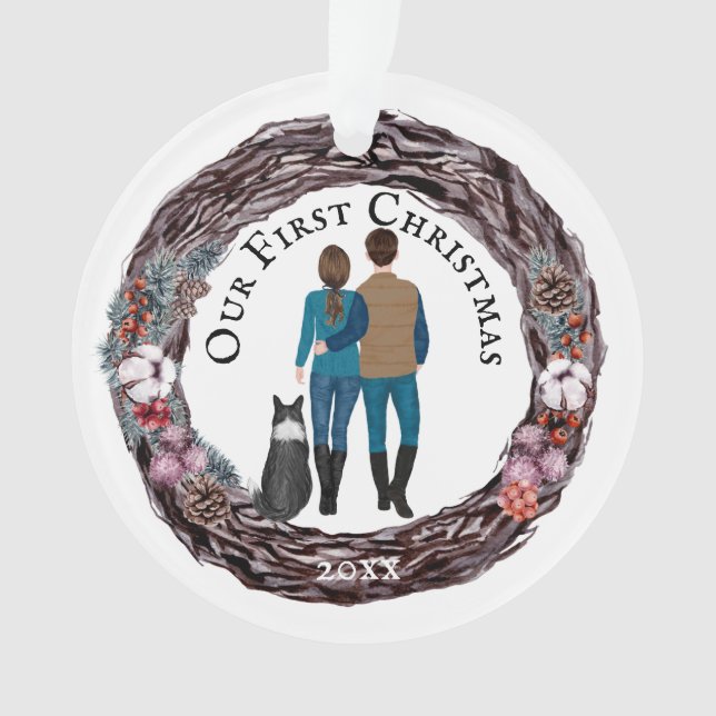 Caucasian couple border collie dog berry wreath ornament (Front)