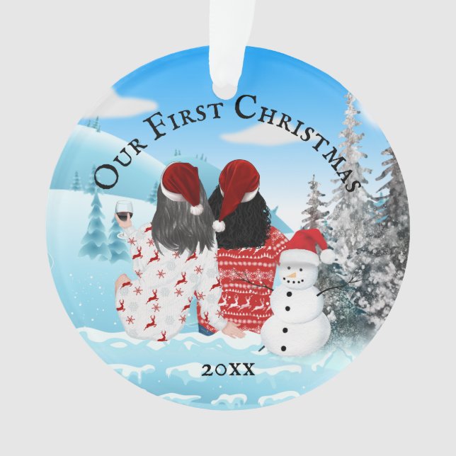 Caucasian lesbian couple snowman DIY photo Ornamen Ornament (Front)