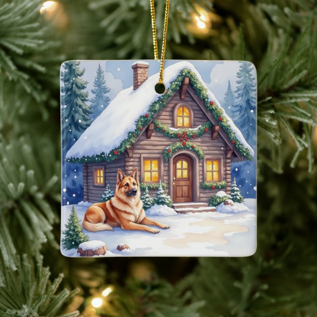 Caucasian Shepherd Dog Mountain Cabin Christmas Ceramic Ornament (Tree)